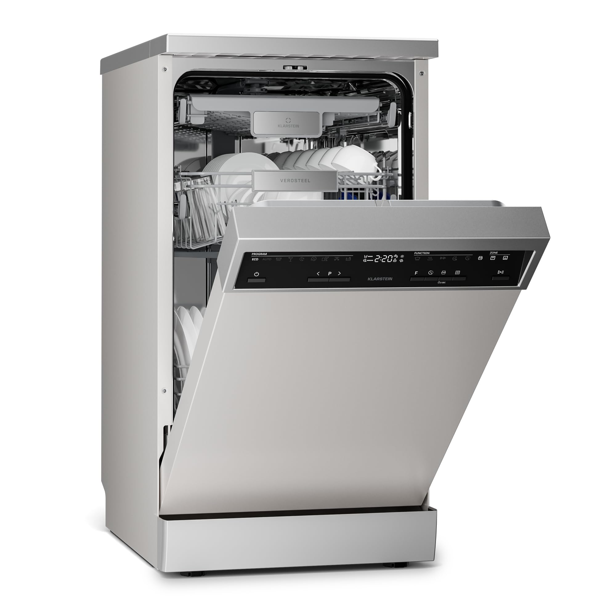Klarstein Verosteel Lavastoviglie 45cm Libera Installazione - 10 Coperti, 9 Programmi, 42 dB, Classe B, AquaStop, Blocco Bambini, Argento, Display, Lavastoviglie Compatta
