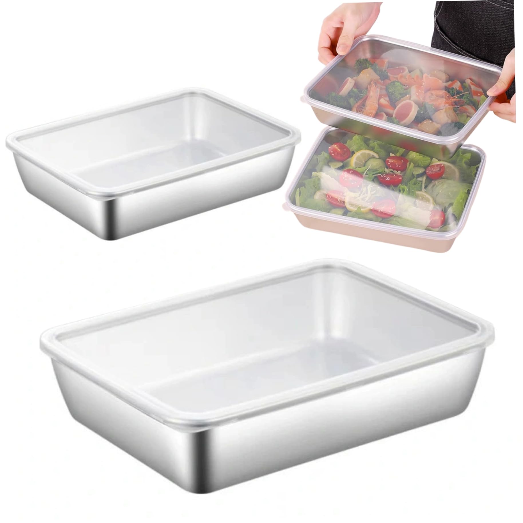 Placa cuadrada de acero inoxidable con tapa, 2 piezas de bandejas de acero inoxidable 10x8x2 para alimentos, molde para hornear cuadrado apilable con fondo plano, sartén fácil de limpiar con tapa