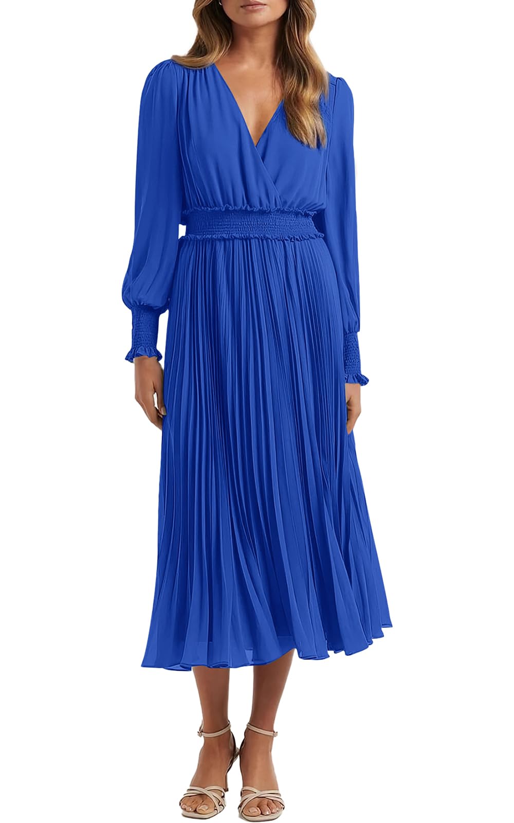 PRETTYGARDEN Womens Wrap V Neck Fall Dresses Wedding Guest Casual Pleated Long Sleeve Midi Dress Ruffle Smocked Long Dress