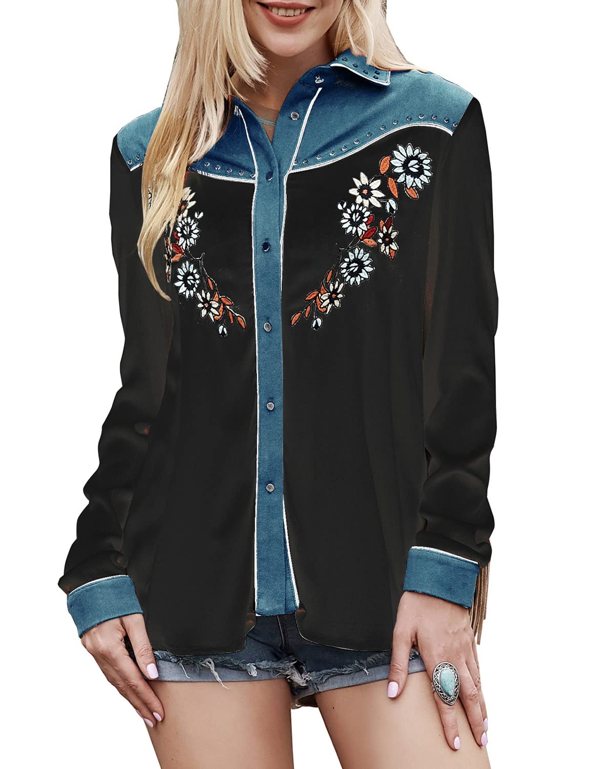 JOHN MOON Damen-Westernbluse mit Stickerei, langärmelig, mit Knopfleiste, Hemdkragen, retro, lässige Bluse