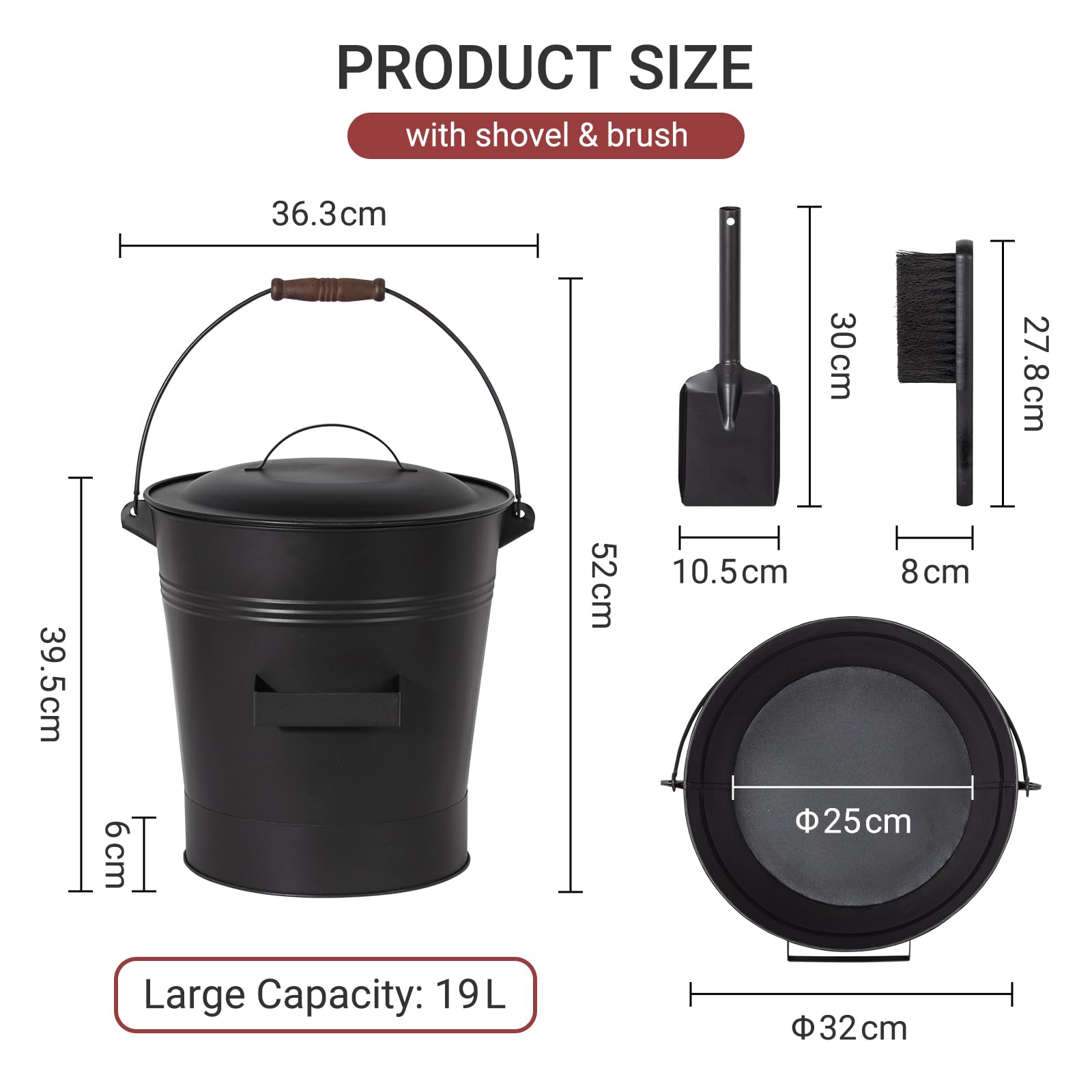 Todeco Cubo para Cenizas Metálico 19 L con Tapa, Pala & Cepillo, Resistente al Calor, Asa de Madera, para Chimenea, Estufa de Leña, Hogar Exterior, Barbacoa y Camping, Negro