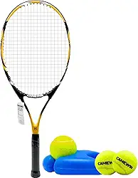 Kit Raquete de Tênis 27 Polegadas Liga de Alumínio com Estojo e 3 Bolas Amarelo + Treinador de Tênis Individual
