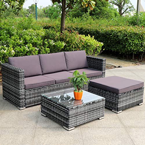 Hansson Polyrattan Gartenmöbel Lounge Set Sitzgruppe Garnitur Poly Rattan inkl. Sofa Sessel Kissen Hocker Tisch mit Glas… – Bild 3