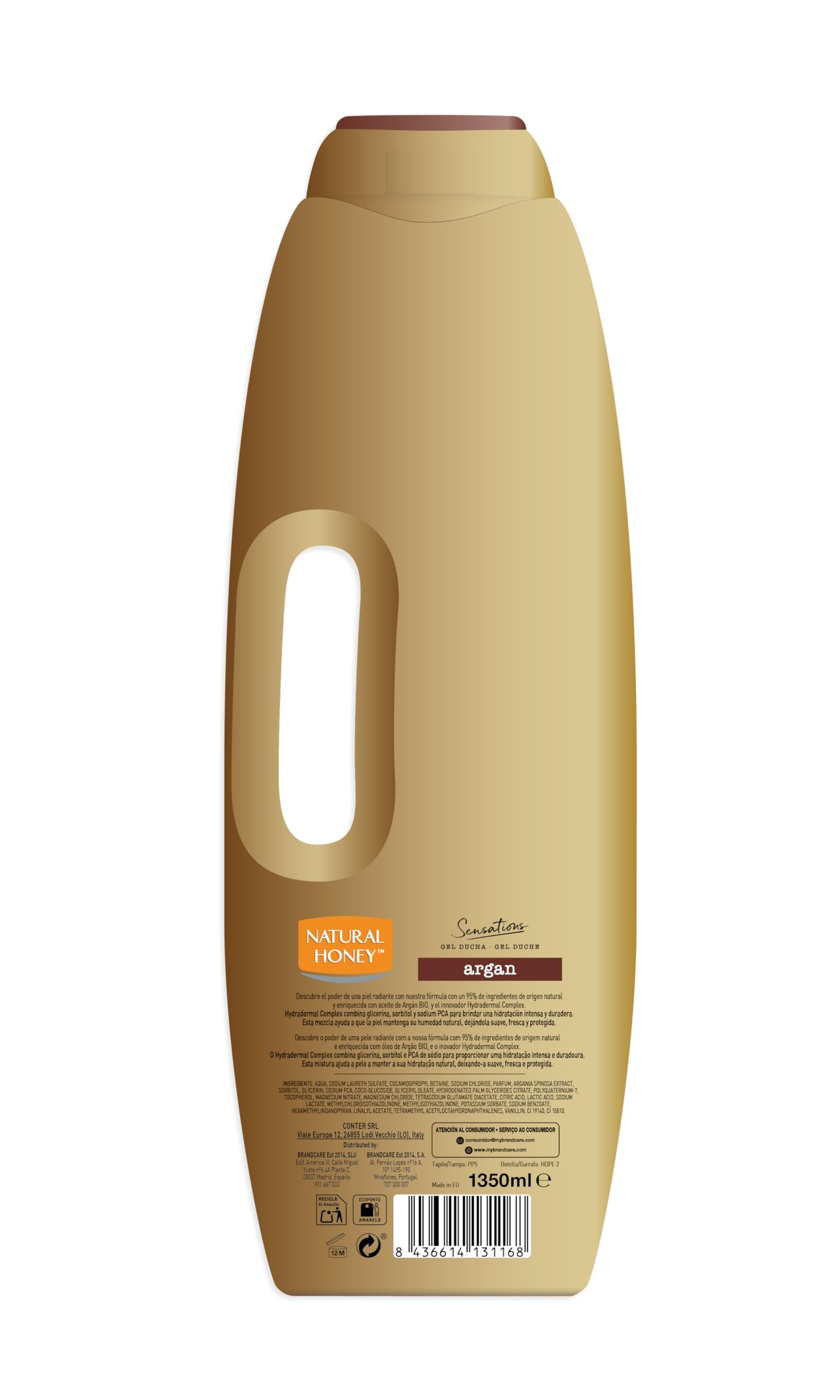 Natural Honey, Gel de Ducha con Extracto de Argán Nutritivo y Reafirmante, con Hydradermal Complex para una Piel Sedosa e Hidratada, Ingredientes de Origen Natural, Línea Sensations, 1350 ml
