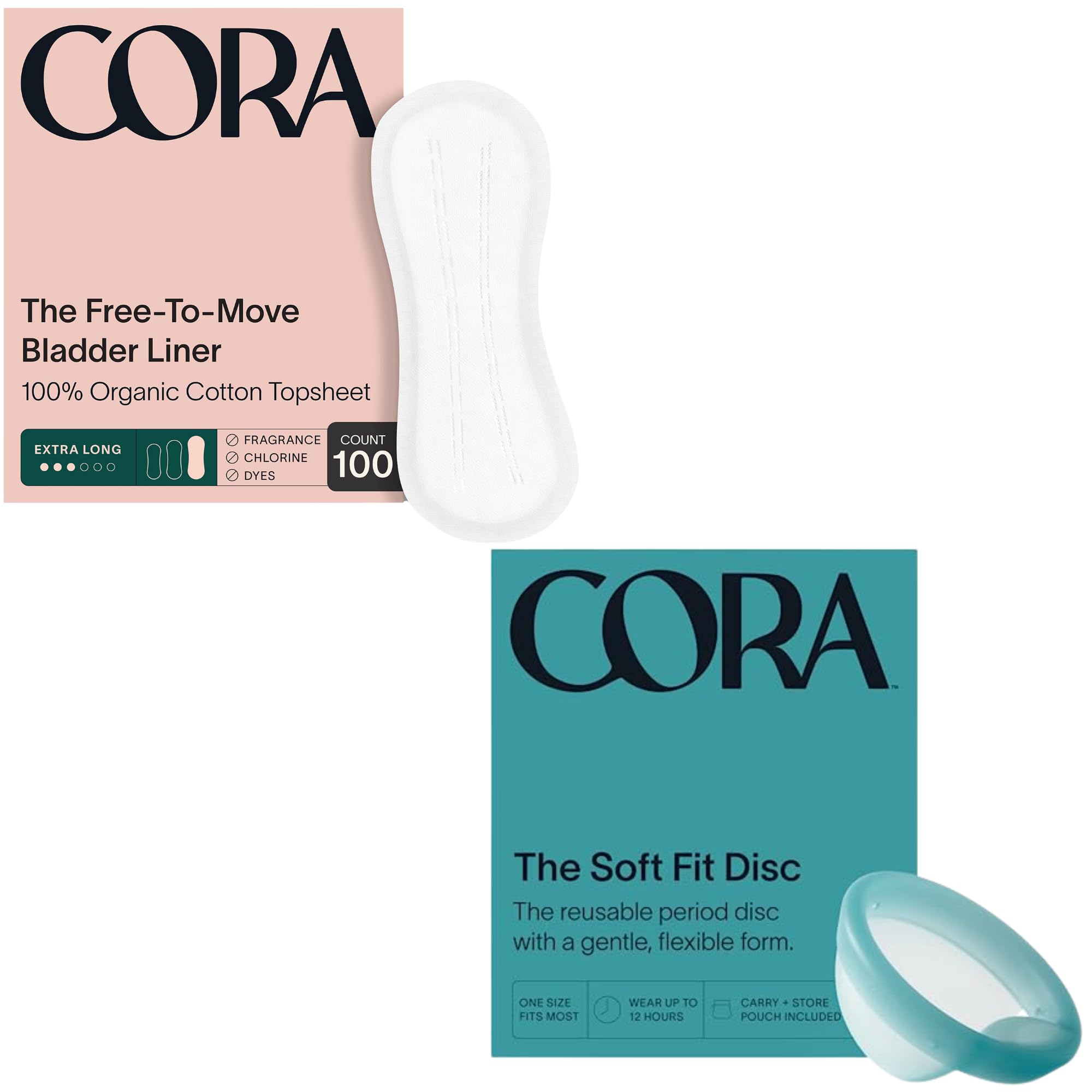 Cora Organic Feminine Care 100 Extra Long Bladder Liners Incontinence Postpartum Pads and a Reusable Soft Menstrual Disc