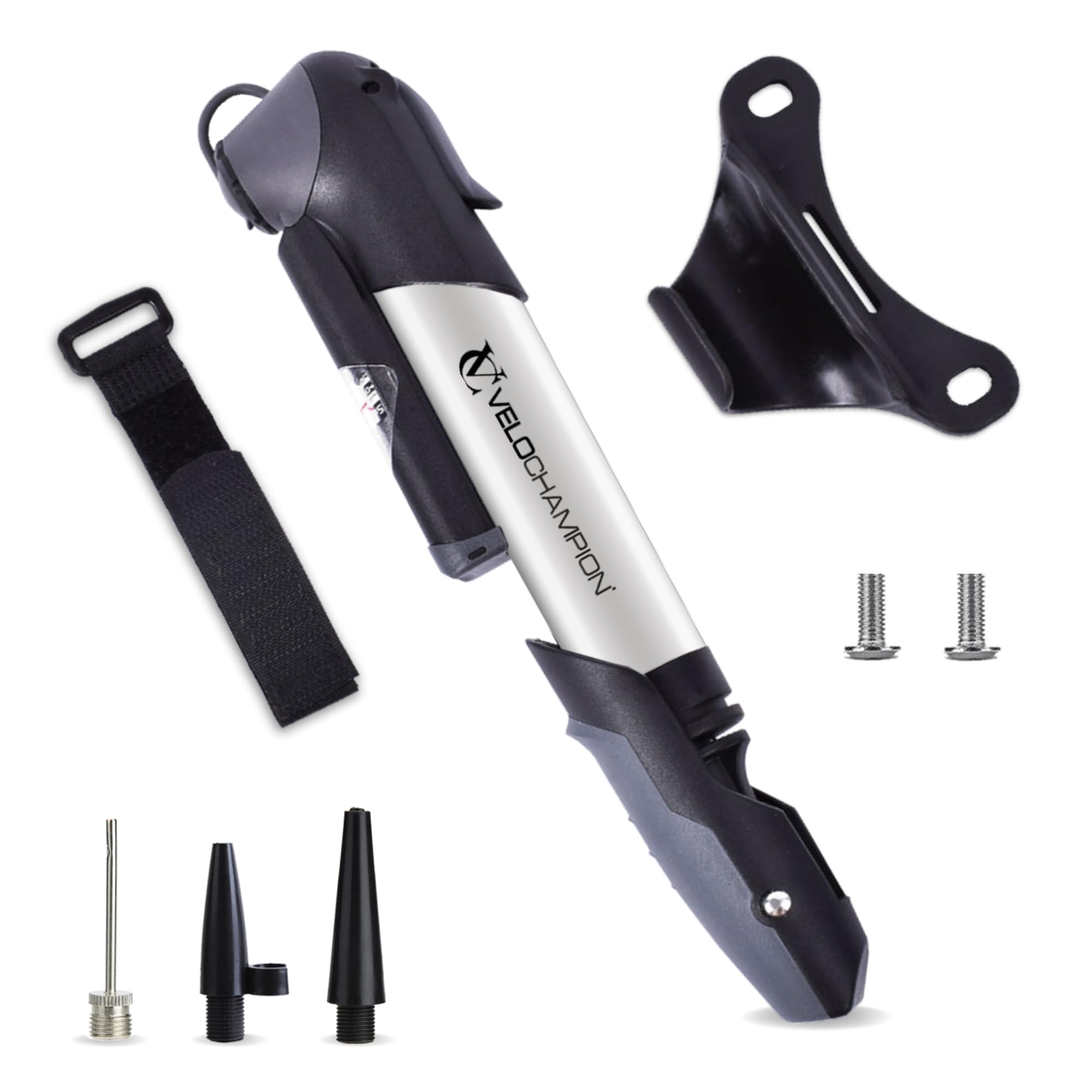 VeloChampion Mini Bike Pump with Frame Mount | Portable Compact Alloy Bicycle Pump with Frame Mount | Presta, Schrader & Dunlop Valves | For Road, Mountain, E-Bike