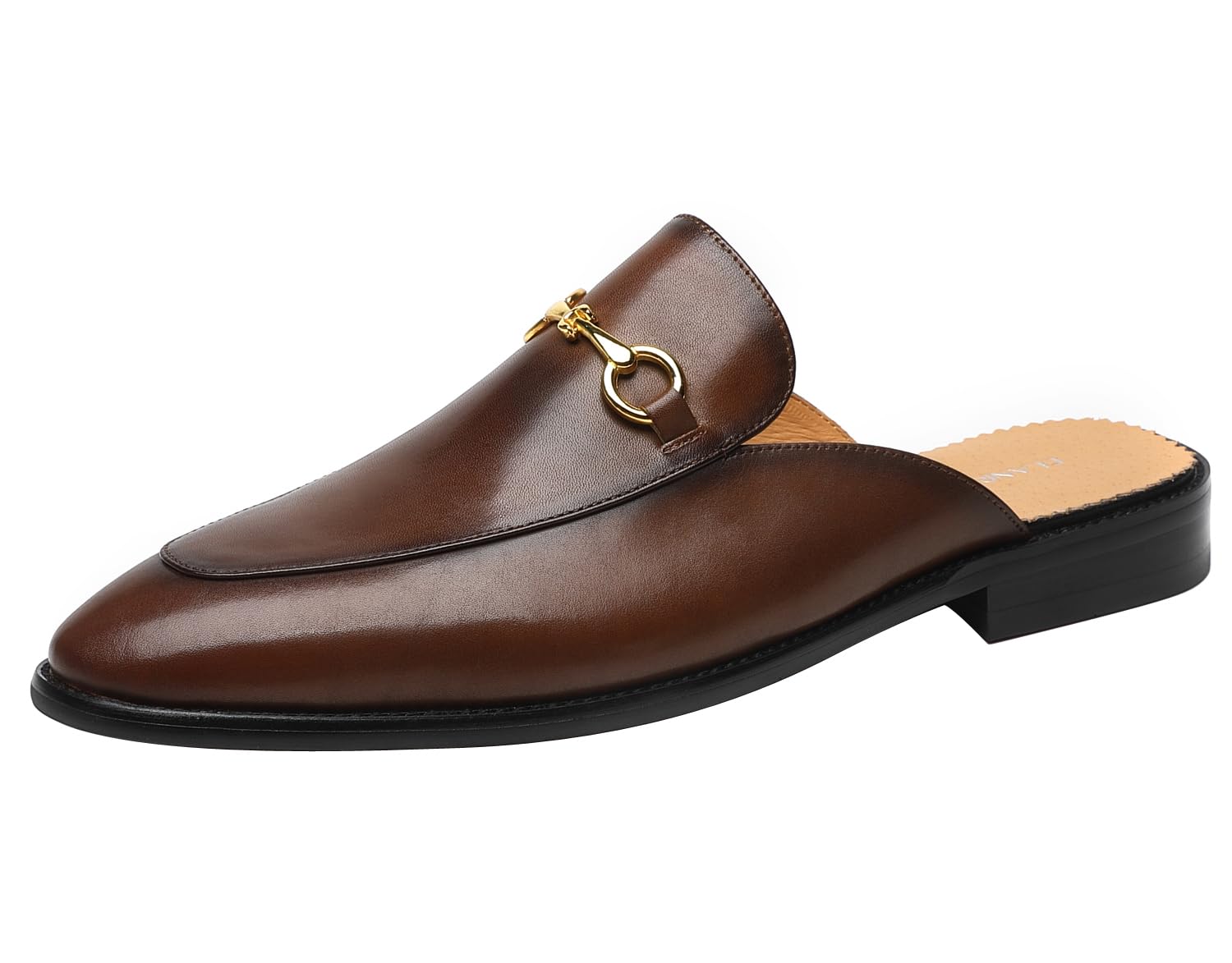 ELANROMAN Men's Loafers Backless Genuine Leather Mules Horse Buckle Shoes