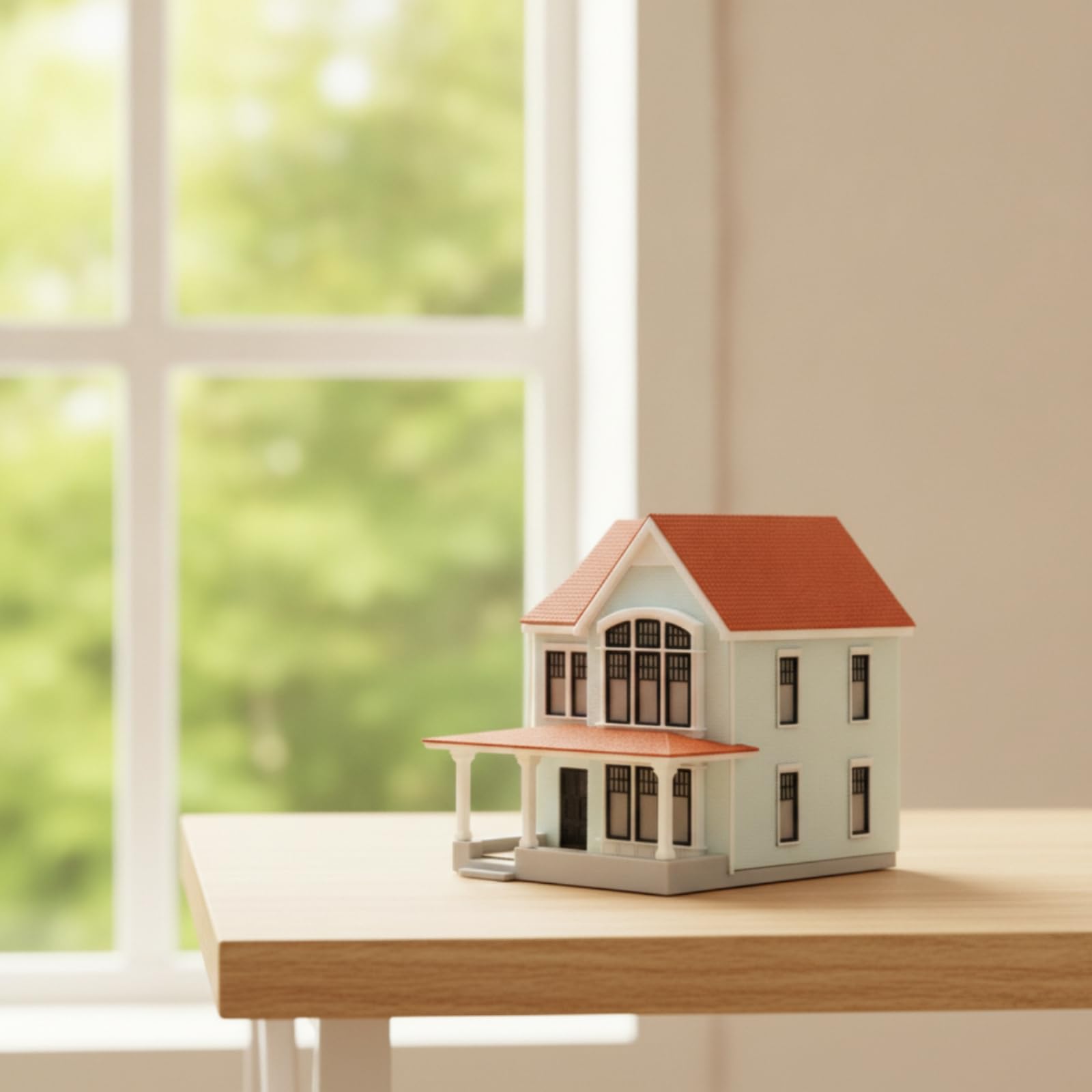 Miniatura Architettura Villa Modello Diorama Plastica Base Personalizzabile Due Piani Tetto a Due Falde Facciata Finestra Ad Arco Portico Colonne, Marrone Rosso