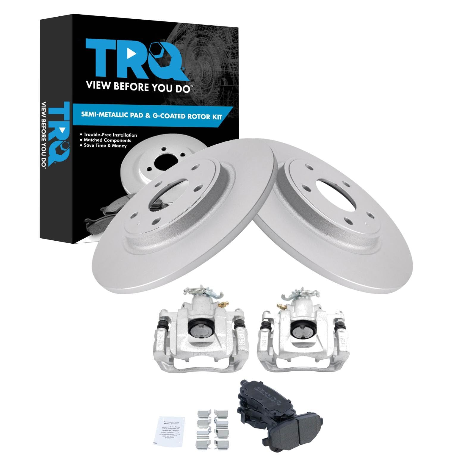 TRQ Rear Brake Pad and Rotor Set Semi Metallic Coated Rotors Calipers Compatible with 2012 Ram Cargo Van Volkswagen Routan