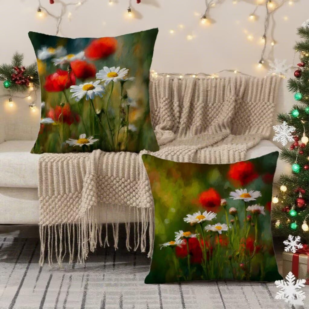 Federa Cuscino 80x80 Margherita Cuscini Divano Rosso Cuscini da Esterno Impermeabili Linoi Quadrato Set di 2 Decorativi Cushion Covers per Giardino Soggiorno Sofá Balcone Patio, Regalo per Donne 1B-67