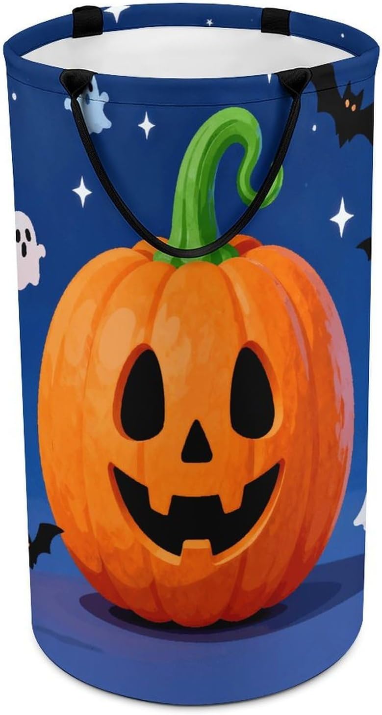 Halloween Jack Lantern Laundry Hamper with Handles Waterproof Collapsible Laundry Basket Large Lightweight Round Dirty Clothes Hamper for Home Dorm Bathroom Decor