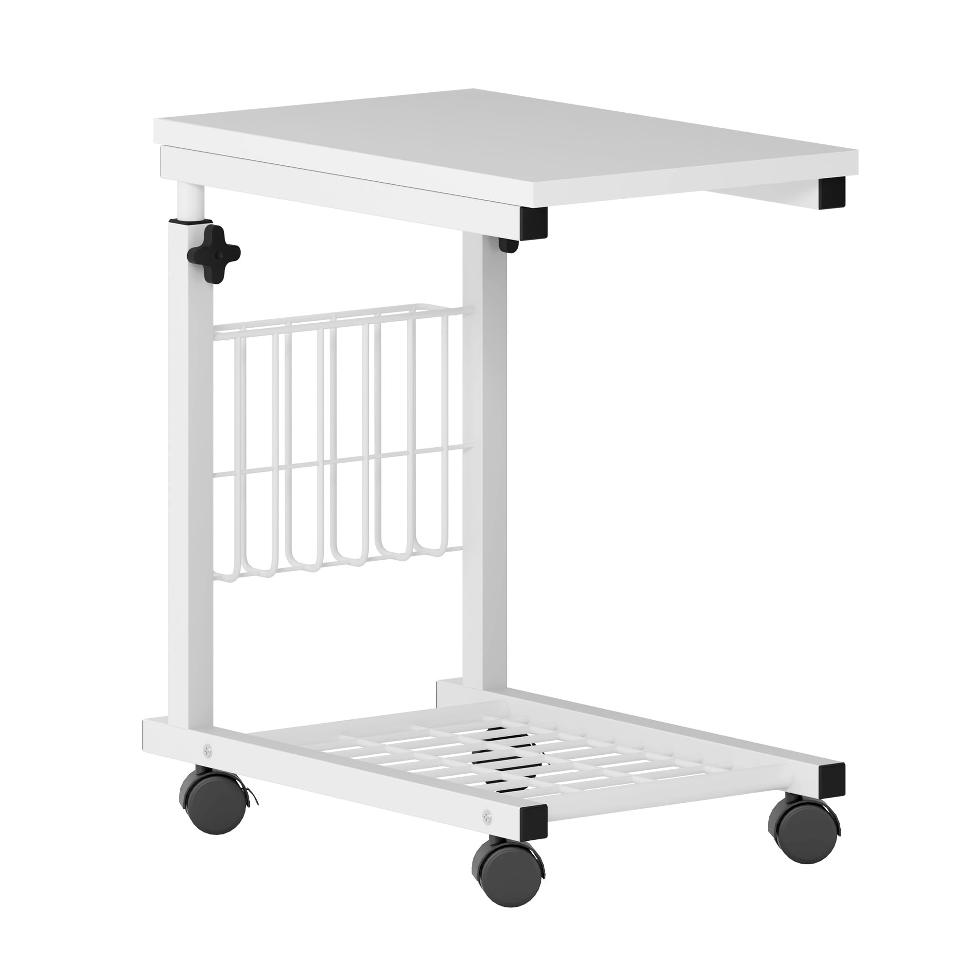 Mesas auxiliares para el salón, mesa auxiliar de altura regulable, mesa para ordenador portátil con ruedas, estantería y espacio de almacenamiento (blanco, 48 x 30 x 56-76 cm)