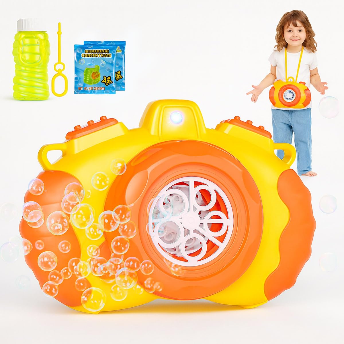 Toyana Kids Bubble Machine, Camera with Flash Light & Music, Automatic Bubbles Blower Gun with 1 Bottle Liquid + 2 x 10ml Bubble Concentrate Sachets Garden Activity Set for Children 3+ Years — image 1