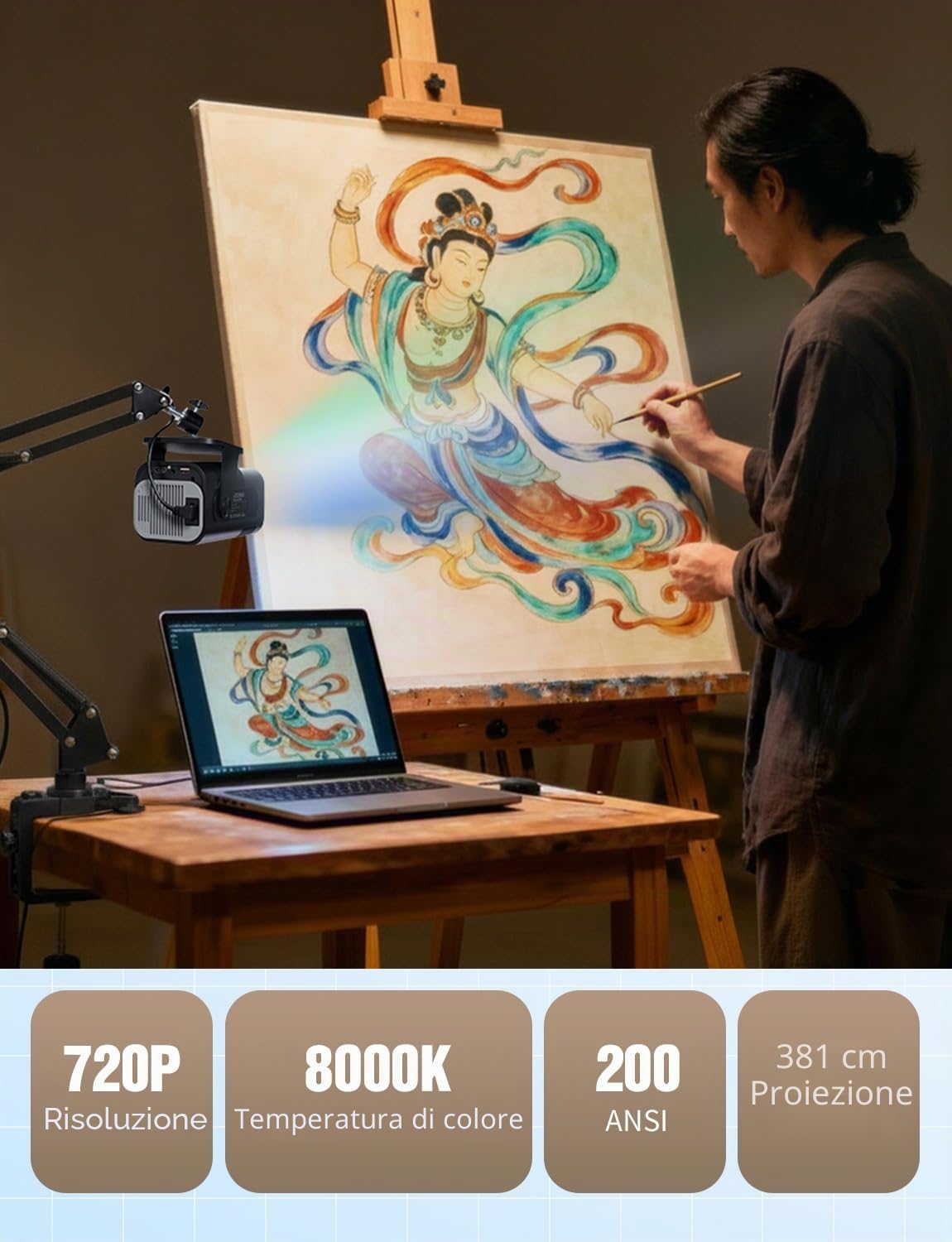LAIZESKE HY520 Proiettore da disegno,Proiettore smart portatile da 720p per artisti,200 ANSI lumen con Wi-Fi e Bluetooth