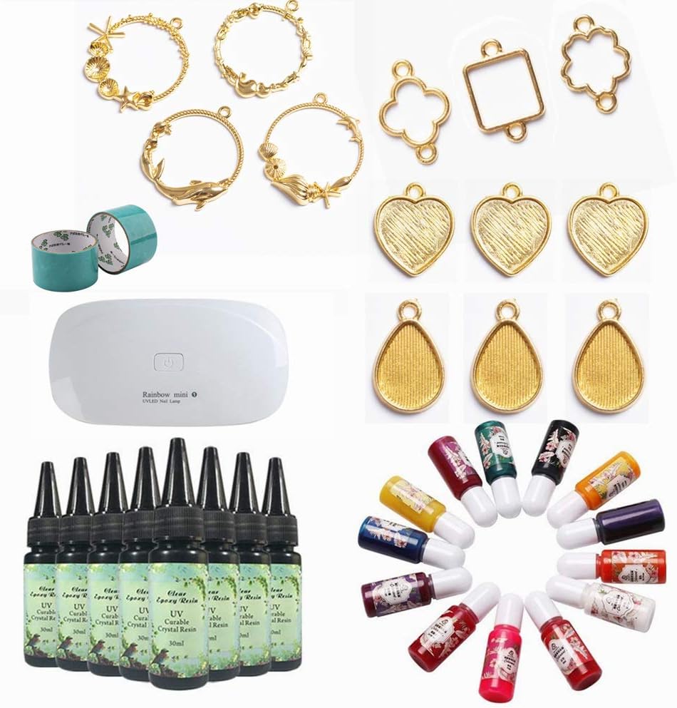 Crystal Clear UV Epoxy Resin with Portable UV Lamp + Golden Bezels Set & Color Inks Liquid Pigment Set, Tapes Included, Resin Jewelry Making Kit for Pendants Necklaces Charms Birthday Valentines Gift