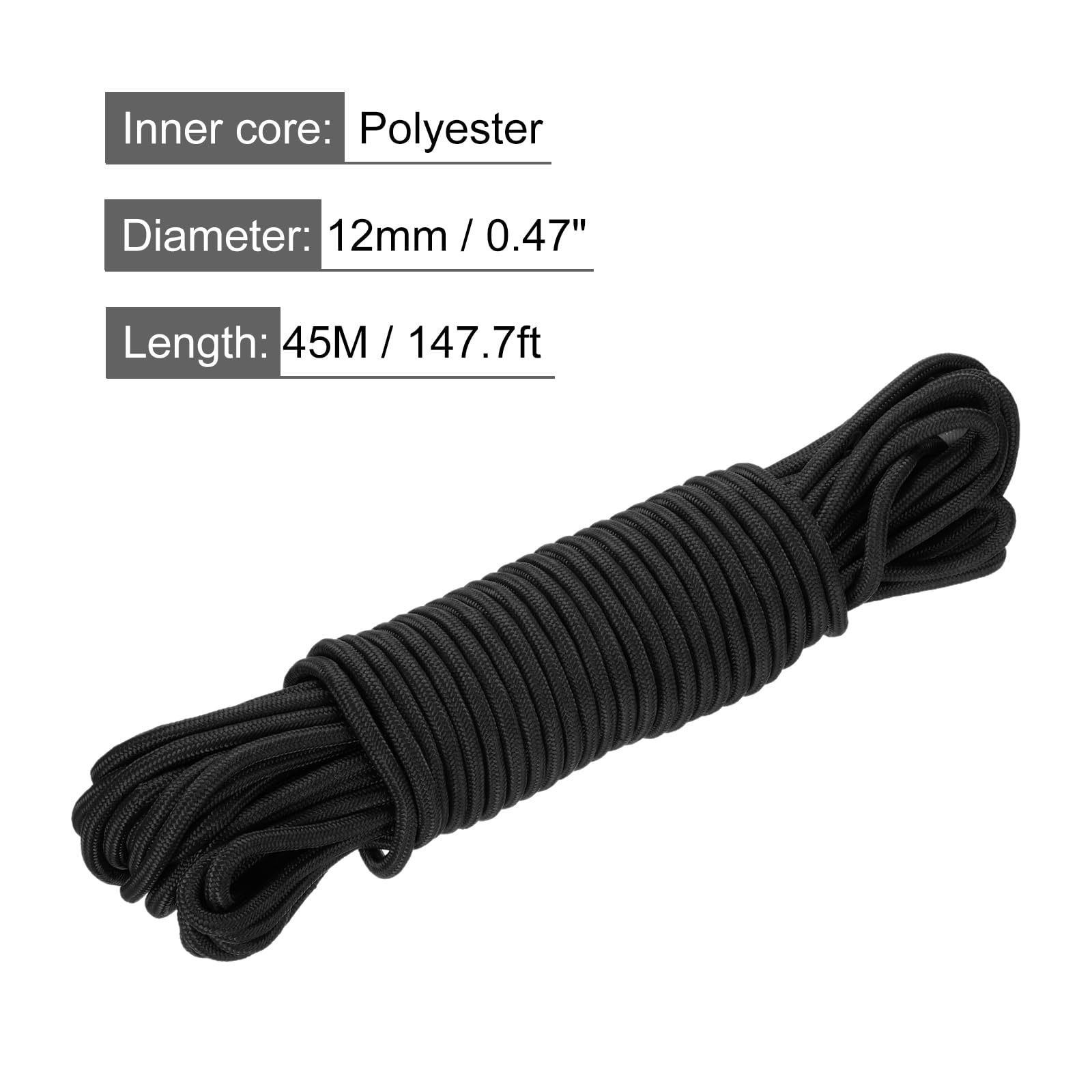 QUARKZMAN Corde tressée en Corde en polypropylène 45M/147ft 1/2" 12mm Noir | pour une utilisation intérieure et extérieure camping Corde à linge