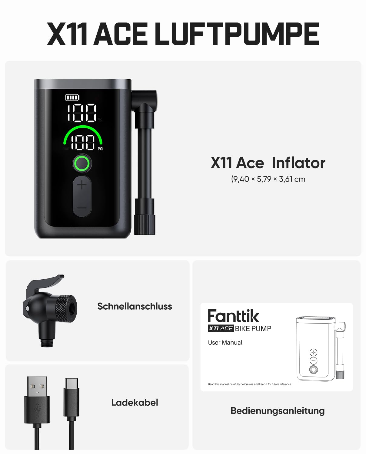 Fanttik X11 Ace Mini Fahrradpumpe, 10,3 Bar Tragbar Akku Fahrradpumpe
