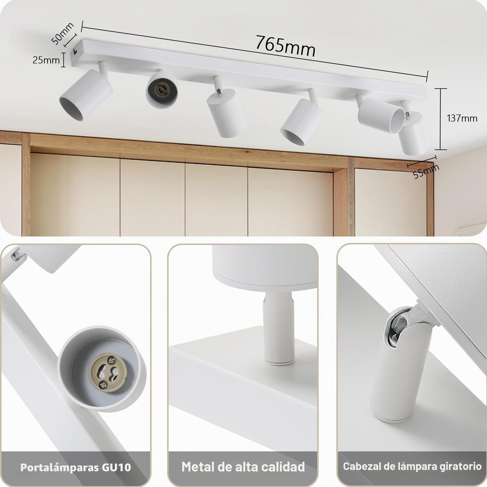 ZMH Lámpara de techo LED blanco Foco de techo: Aplique de techo GU10, 6 llama, pivotante a 330°, Lámpara de techo moderna, Lámpara de pared industrial para salón, dormitorio, cocina, sin bombilla