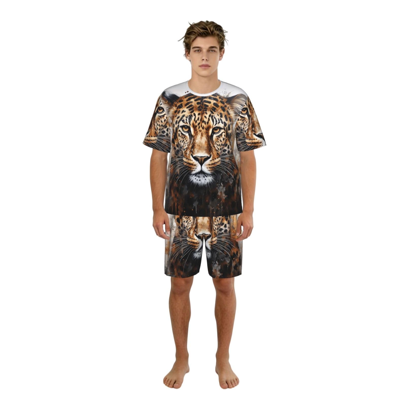 Set pigiama da uomo con stampa leopardata, comodi pantaloncini da pigiama da uomo, perfetti per le notti estive