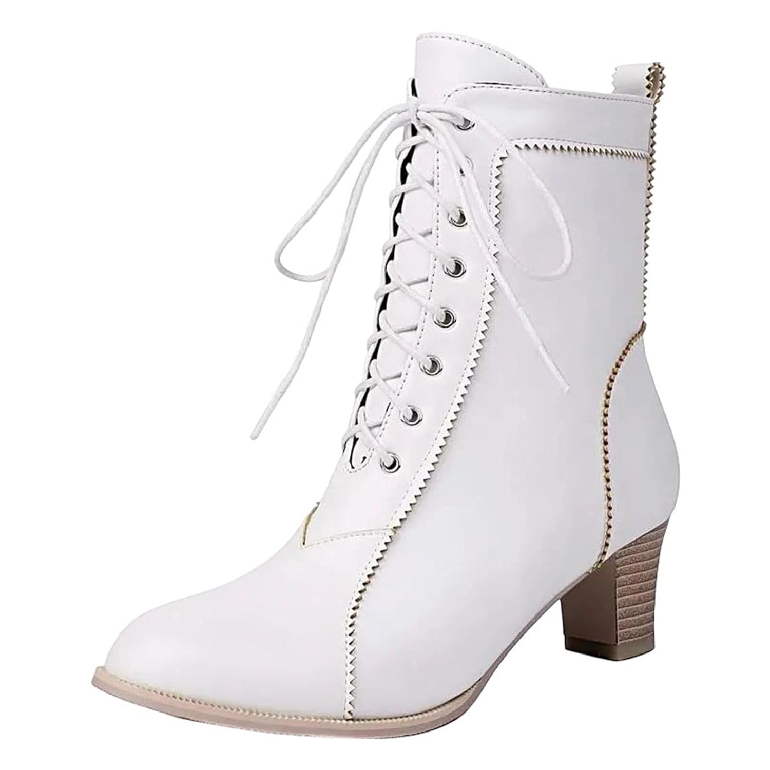 Womens British Style Mid Calf Boots With A Round Toe High Block Heel Lace Up Front And Metal