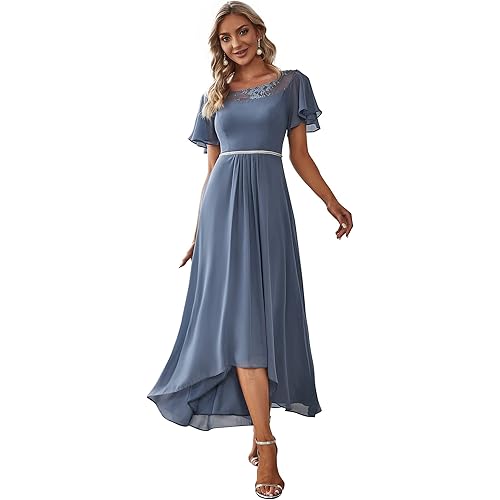 Ever-Pretty Women's Ruffles Sleeve Bridesmaid Dress High Low Beaded Chiffon Midi Mother of The Bride Dresses 00465