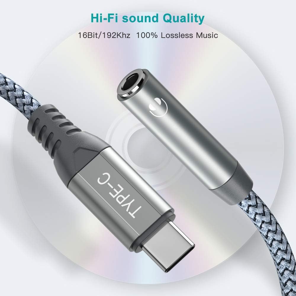 USB C Headphone Adapter, USB Type C to 3.5mm Audio Adapter Durable Braided Aux Converter DAC Stereo Connector Earphone Speaker Adapter for iPad Mini 2021 iPad Pro Galaxy S21 S20+ FE Ultra Google Grey