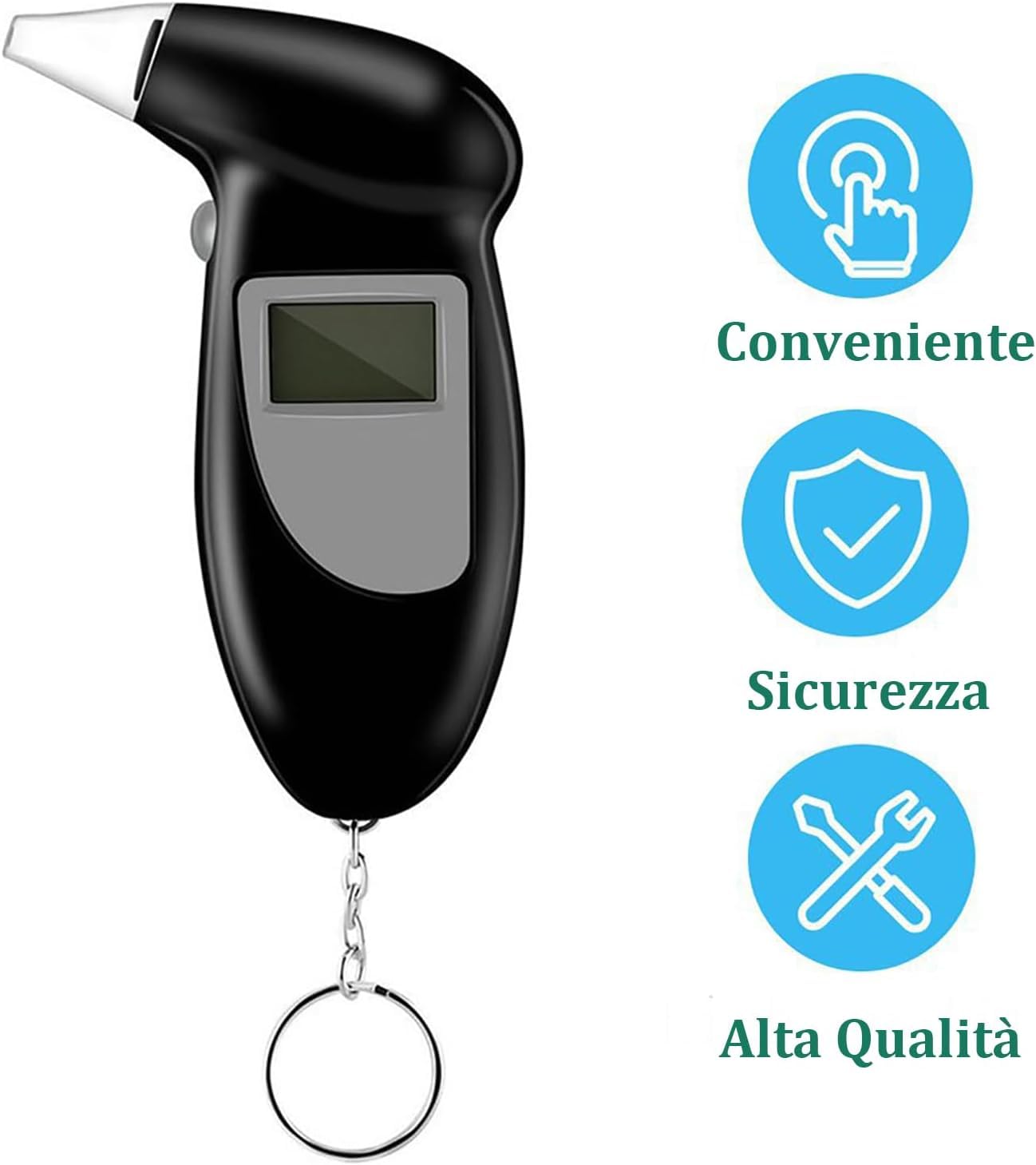 Etilometro Digitale Portatile Professionale – Tester Alcool per Auto, con Display LCD, 5 Bocchini, Allarme, Spegnimento Automatico – Preciso e Facile da Usare per Uso Domestico e Professionale