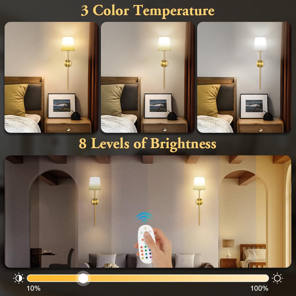 HOTUT 2 Pezzi Lampada da Parete Interno, Lampada da Parete Con Telecomando & Batteria Ricaricabile, Dimmerabile RGB Lampada da Muro, Applique Senza Fili per Camera da Letto Soggiorno Scale Corridoio