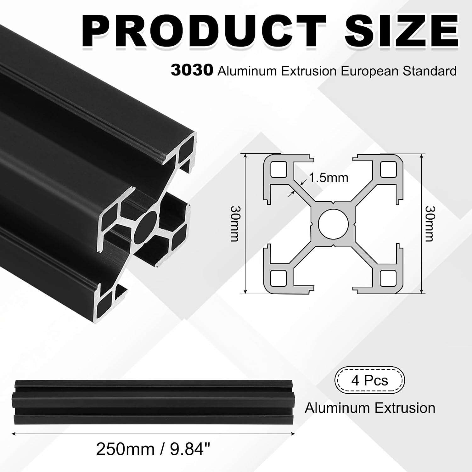 uxcell 4Pcs 250mm 3030 Aluminum Extrusion Profile, European Standard Anodized Linear Rail for 3D Printer Part, CNC Machine, Linear Rail Guide, Black
