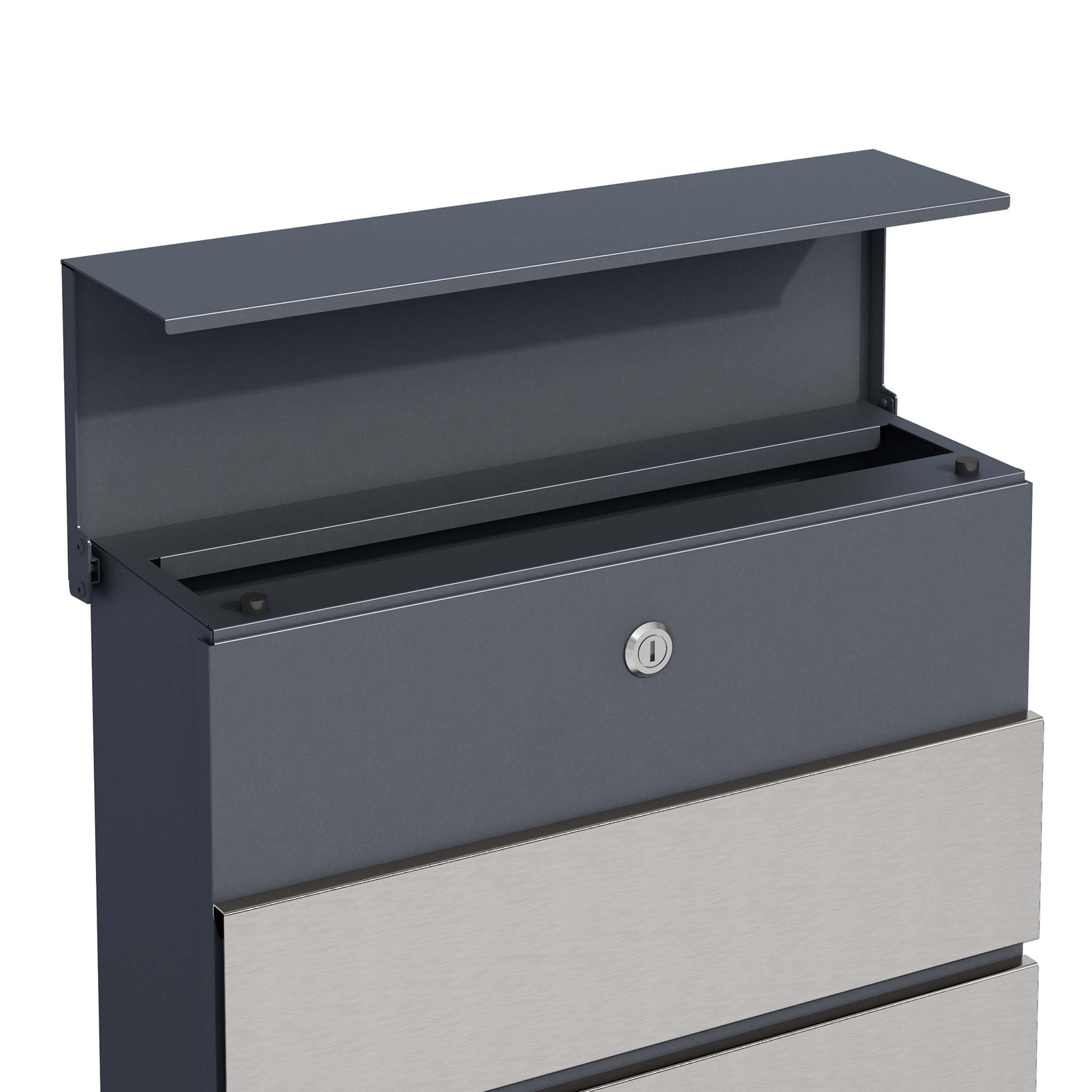 Buzón de diseño V62 Antracita/Acero INOX V64 410 x 130 x 370 mm de Pared con Cerradura y Hueco para periódico Hecho en Acero INOX V64 con Recubrimiento en Polvo