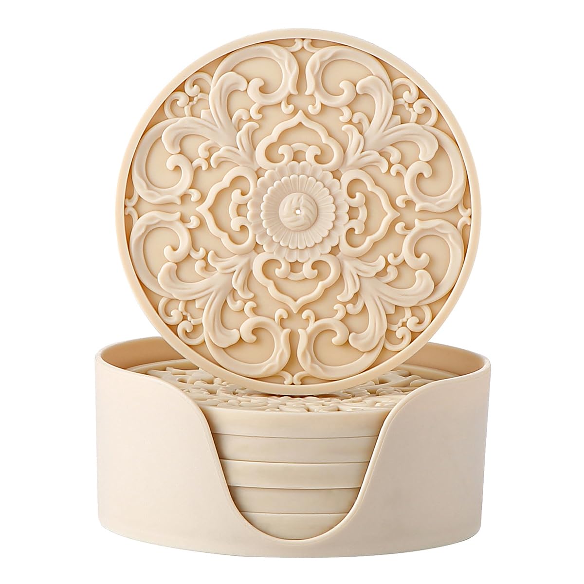 Colinda Silicone Coasters - Set of 6 with Holder, Non-Slip Cup Mats for Hot and Cold Drinks, Decorative Designs, Gift Ready Packaging,Beige