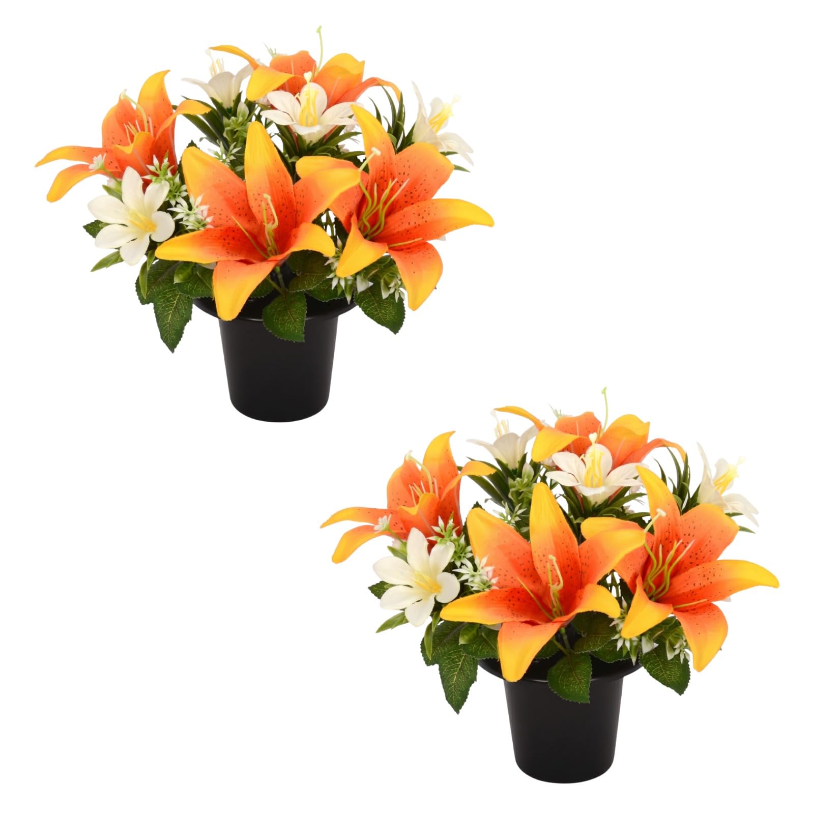 Homesecret Pack 2 Artificial Flowers for Graves 25cm | Orange Lillies Flower Pots | Perfect for Enhancing Memorial & Cemetery Decor | Improved Design for Funeral Elegance & Lasting Tribute.