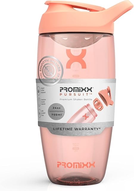 Promixx Pursuit Protein Shaker Bottle - Premium Shaker for Protein Shakes - Lifetime Durability, Leakproof, Odourless - 700ml / 24oz (Coral)