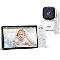 GHB Telecamera Bambini, Baby Monitor Video e Audio 5”, 350° Telecamera Rotante 720HD IPS Schermo, 5000mAh, Monitoraggio Temperatura, Visione Notturna, Audio Bidirezionale, VOX, Ninne Nanne