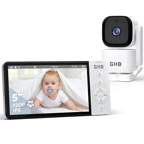 GHB Telecamera Bambini, Baby Monitor Video e Audio 5'', 350° Telecamera Rotante 720HD IPS Schermo, 5000mAh, Monitoraggio Temperatura, Visione Notturna, Audio Bidirezionale, VOX, Ninne Nanne
