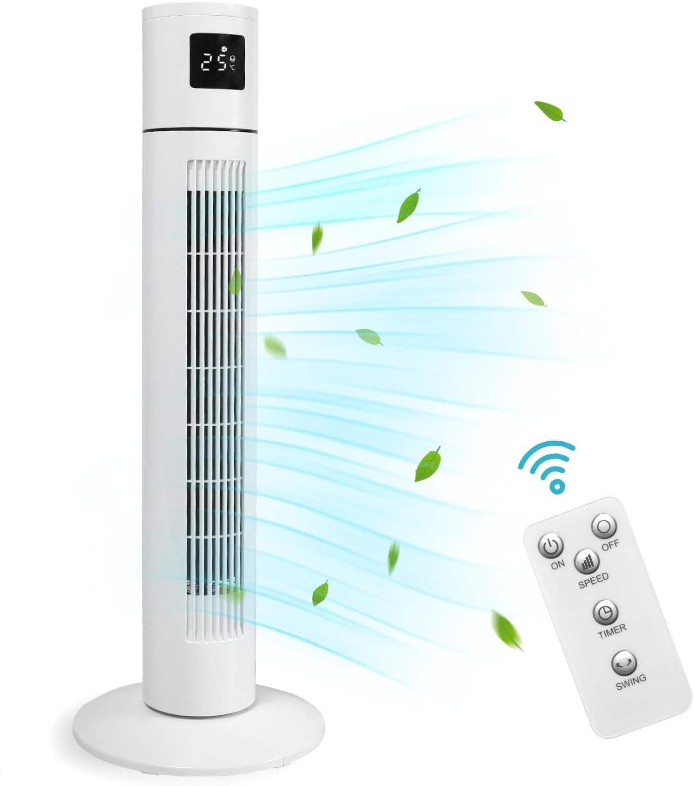 Tower Fan, Standing Floor Bladeless Fan with Remote Control, 90° Horizontal Vertical Oscillating, 3 Speeds and 12H Timer, Touch Control Screen and LED Display Screen, Perfect for Home or Office, White