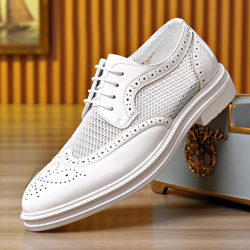 White Shoes Dress Oxford for Men Lace Up Pointed Toe Brogue Embossed Wing tip Patent Leather Breathable Hollow Shoes Slip Resistant Block Heel Anti-Slip Party3