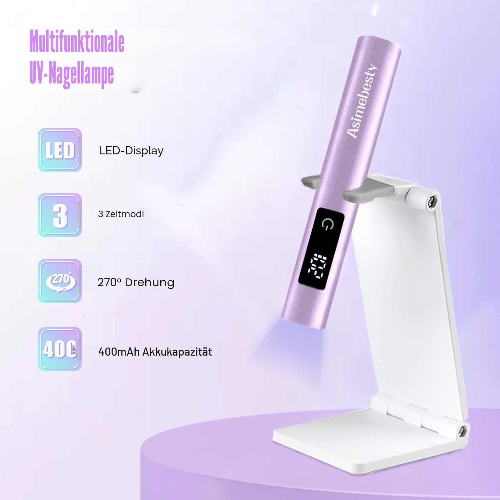 UV Lampe für Gelnägel, Wiederaufladbar Mini U V LED Lampe für Nägel, Kleine UV Nagellampe für Gel Nagellack mit Ständer, 20/60/90S, zum Aushärten von Nagelkleber Nail Tips, Violett