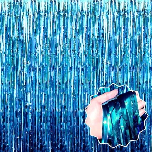 Image of 3 Pack Lake Blue Foil Fringe Curtains Backdrop, 3.28 x 9.8 Ft Metallic Streamers Tinsel Curtains Background for Photo Booth, Birthday, Halloween, Christmas, Thanksgiving, New Year Party Decorations