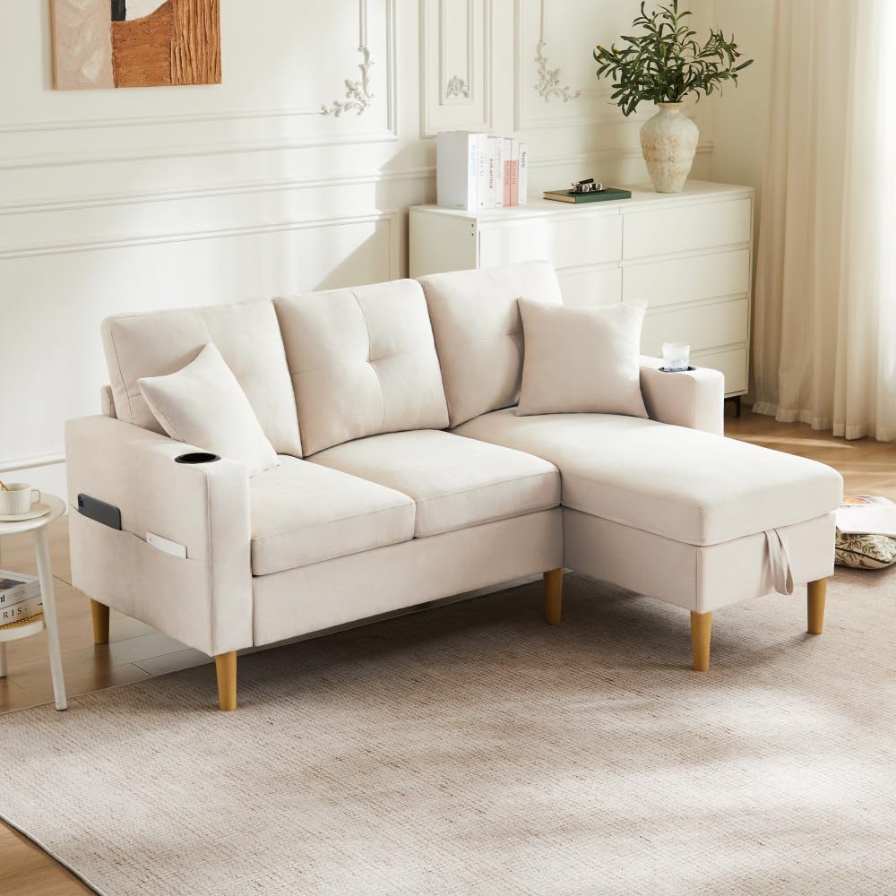 Sofá esquinero intercambiable, sofá de 3 plazas con chaise longue, sofás de esquina modernos con espacio de almacenamiento, 2 portavasos, 2 cojines, sofá esquinero en L con bolsillo lateral, para