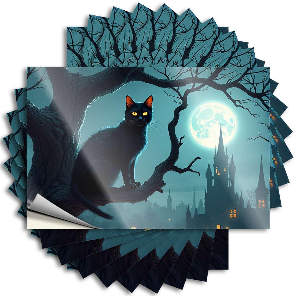 Home Decor Gifts Thankful Tattoos - A Black Cat Perches On A Tree Branch Under A Full Moon, with A Castle in The Wall Waterproof Vinyl Sticker(6X9CM)
