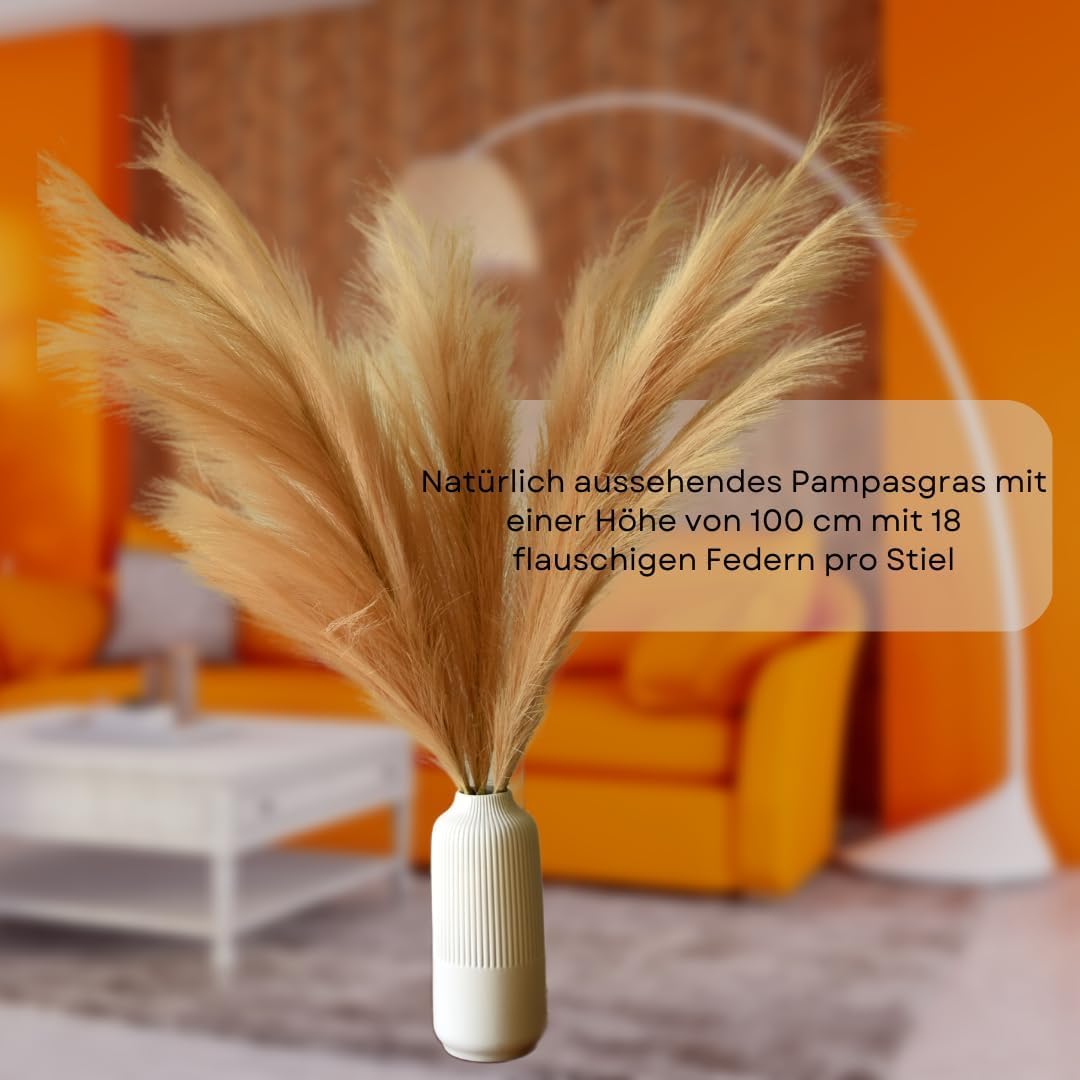 Herbe de la pampa - Lot de 3 herbes de la pampa artificielles - Doré/orange - Boho Chic XXL - 100 cm - Marron - Idéal pour la décoration de mariage, le salon et la chambre à coucher - Grande herbe