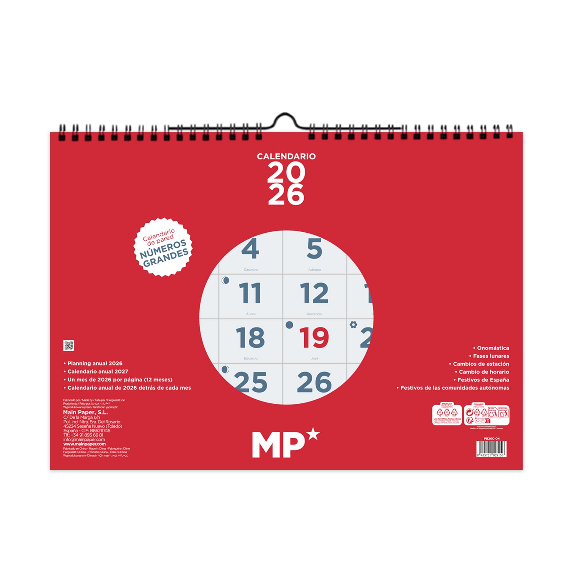 MP - Wall Calendar 2026 Month View January - December (12 Months), 2026 Yearly Plan, Neutral Monthly Planner - Spanish, 26.5 x 24.5 cm