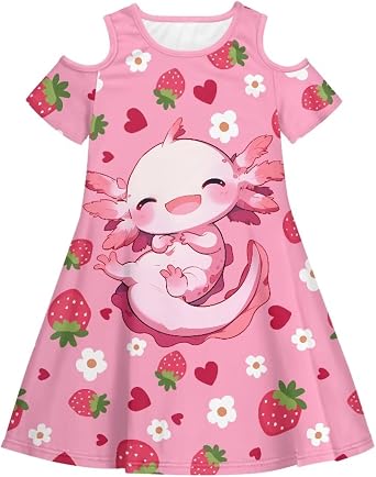 Girls Summer Dress Cold Shoulder Flowy Dress with Pocket Cute Clothes for Kids
