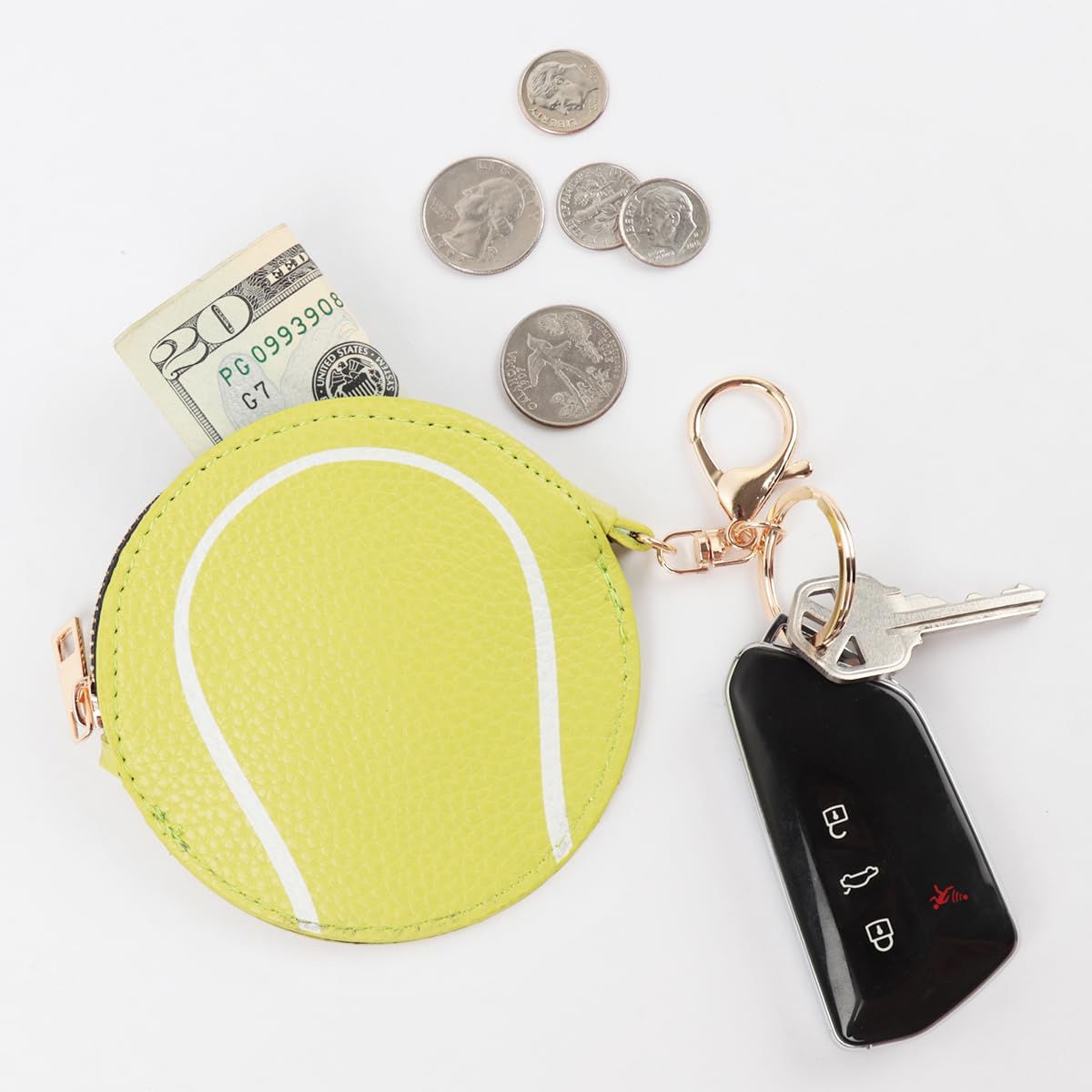 Sports Key Chain Coin Purse Bag Charm - Ball Game Keyring Zip Pouch Cute Tennis Basketball Baseball Golf Football (Tennis - Light Pink) image 3