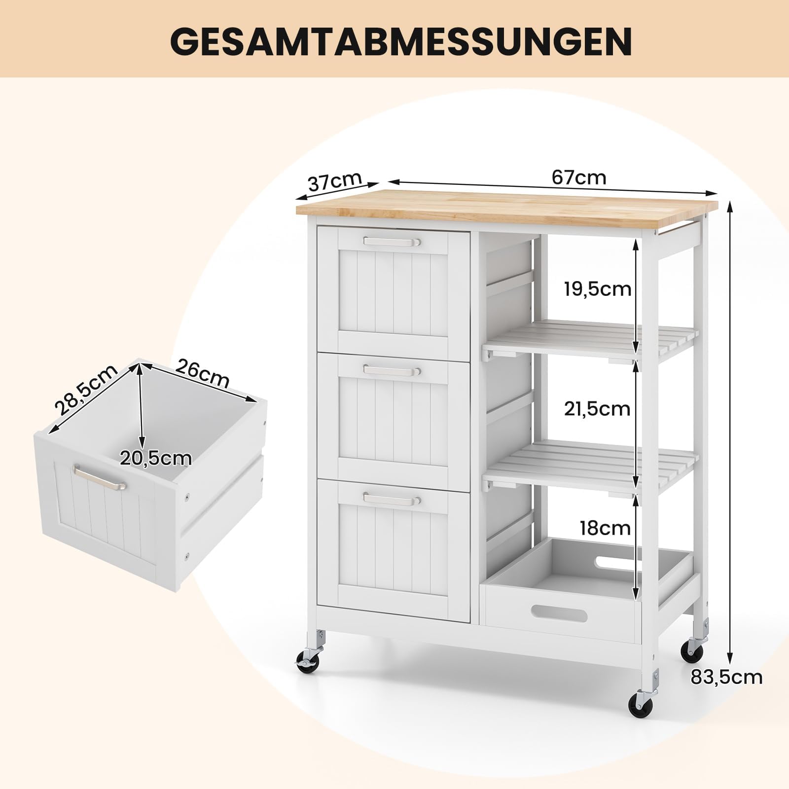 FANTASK Armoire de Cuisine avec 3 Grands tiroirs, Plateau et 2 Niveaux étagère de Rangement, îlot de Cuisine, Chariot de Service à roulettes, Chariot de Cuisine en Bois d'hévéa, 67 x 37 x 82,5 cm