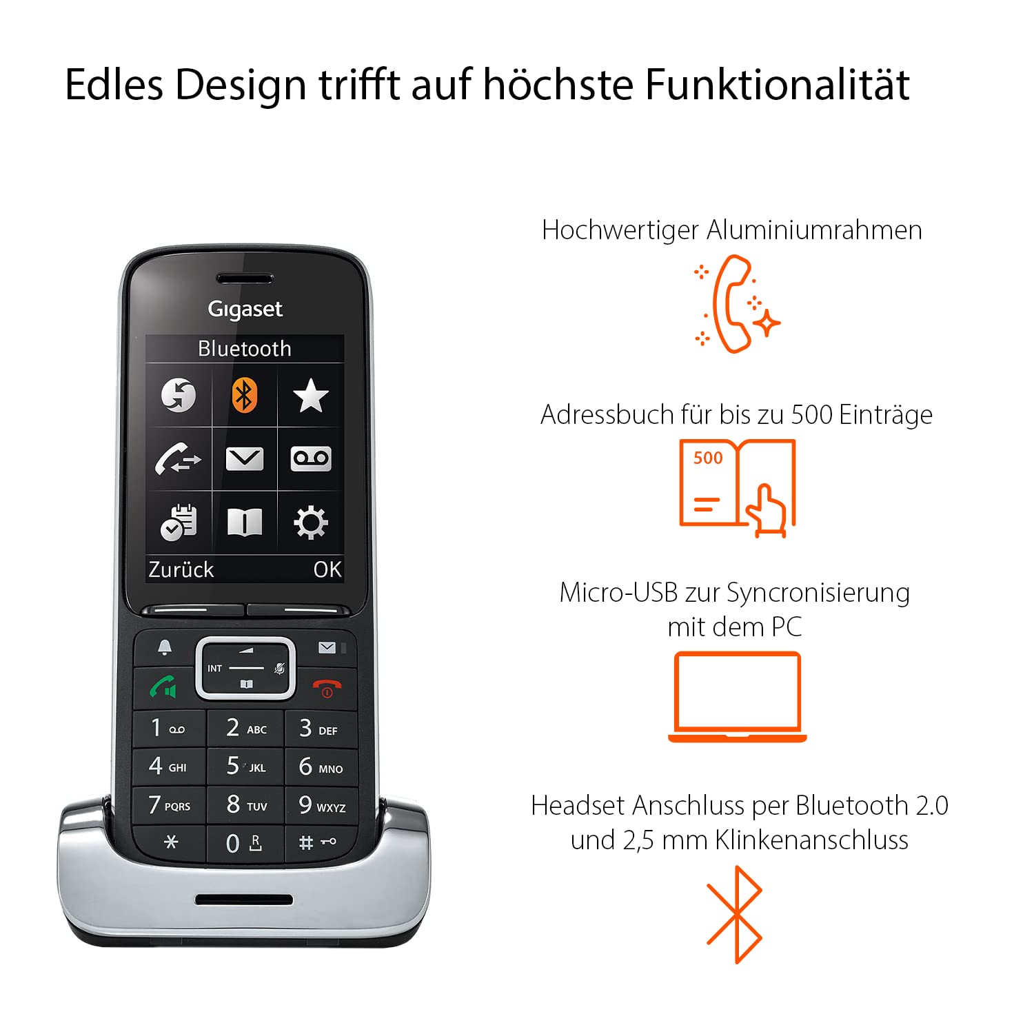 Gigaset SL450HX - DECT-Mobilteil mit Ladeschale – hochwertiges Schnurloses Telefon für Router und DECT-Basis – Fritzbox-kompatibel - brillantes Farbdisplay - großes Adressbuch, platin-Schwarz