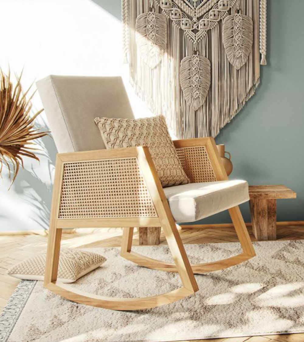 SWEET SOFA® - Butaca Mecedora de Madera y ratán Sofia, Estilo Boho Chic, tapizado Antimanchas. 96x66x82 cm. (Crema/Madera Clara)