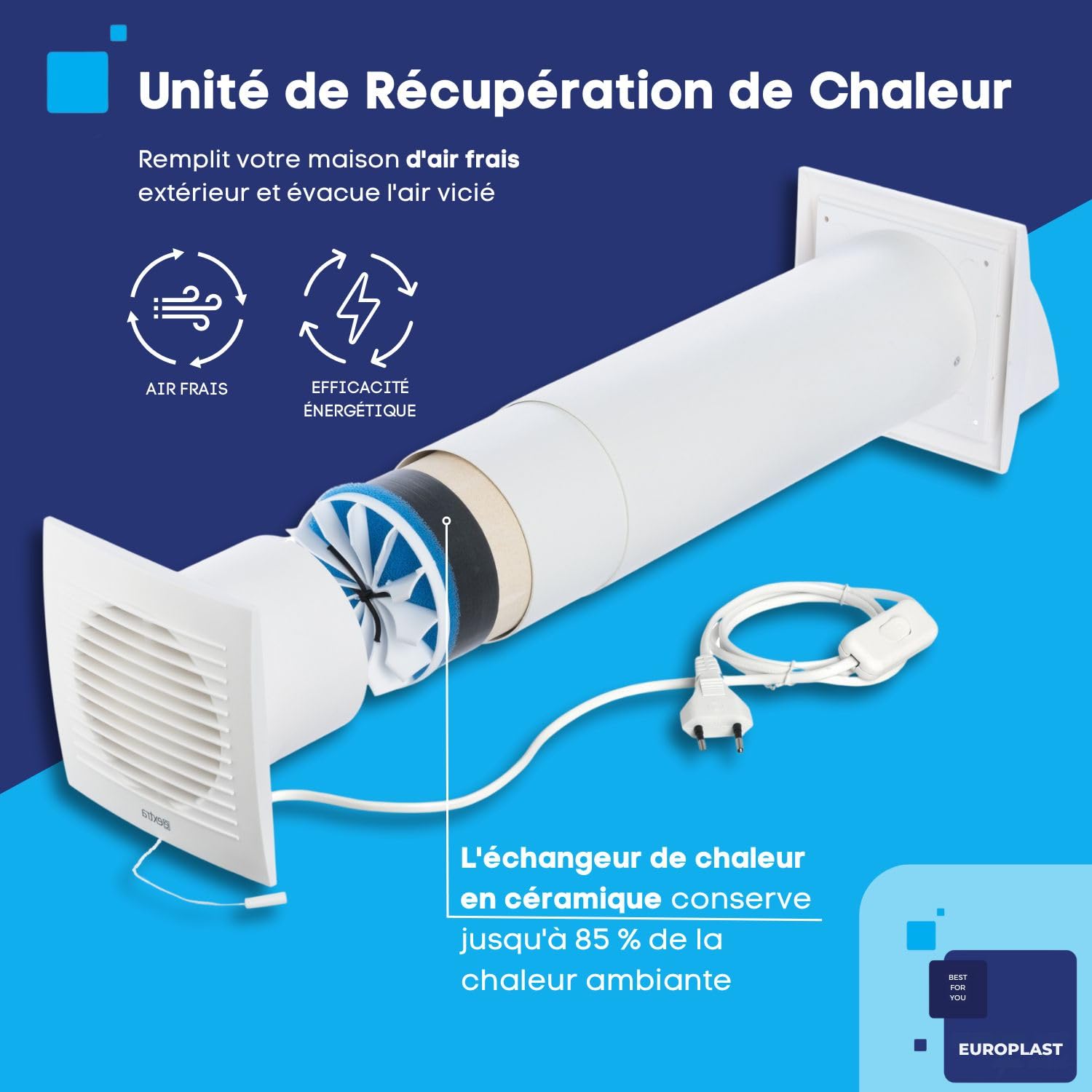 EUROPLAST Ø 100mm Système de Ventilation avec Récupération de Chaleur - Unité de VMC Décentralisée - Ventilateur Mural - Avec Câble et Cordon de Serrage