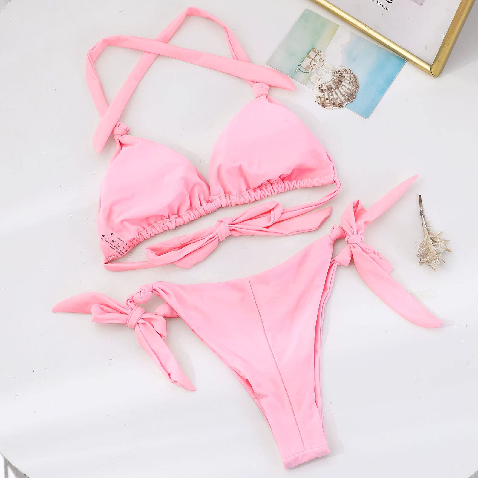 Set Costumi Da Bagno Push Up Bikini Brasiliano A Fascia Donna, Rosa, S